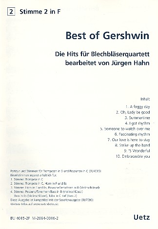 Best of Gershwin fr 4 Blechblser (Ensemble) 2. Stimme in F (Horn)