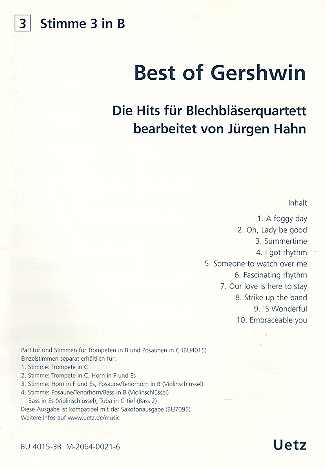 Best of Gershwin fr 4 Blechblser (Ensemble) 3. Stimme in B (Posaune/Tenorhorn) im Violinschlssel