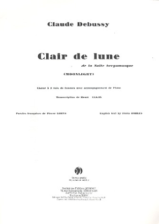 Clair de lune de la Suite bergamasque pour choeur  3 voix de femmes et piano partition