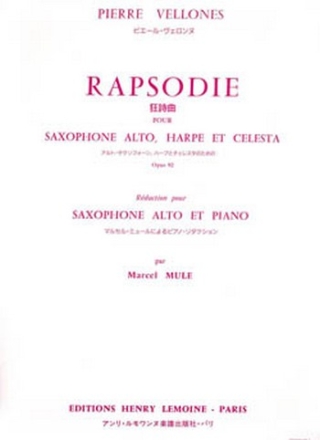 Rhapsodie op.92 pour saxophone alto, harpe et celesta pour saxophone alto et piano Partition