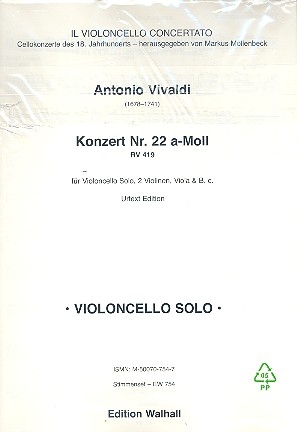 Konzert a-Moll Nr.22 RV419 fr Violoncello solo, 2 Violinen, Viola und Bc Stimmensatz