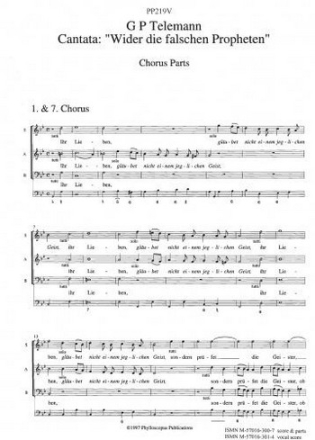 Georg Philipp Telemann Arr: Dr Lance Whitehead Ed: C M M Nex and F H N Cantata TWV 1 908 Wider die falschen Propheten' (Vocal score)' choral (mixed voices)