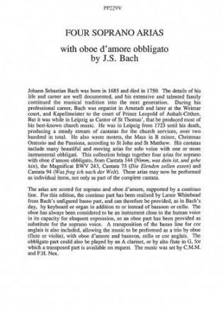 Johann Sebastian Bach Arr: Dr Lance Whitehead Ed: C M M Nex and F H Ne Four Soprano Arias with oboe d'amore obbligato  -  (Vocal score) voice & chamber ensemble