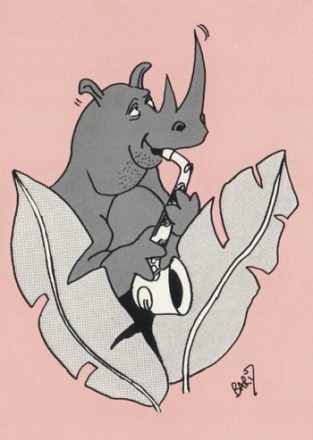 Artist: Barry Lee Rhinoceros playing Saxophone greetings cards