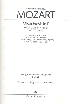 Missa brevis F-Dur KV192 fr Soli (SATB), Chor, 2 Violinen und Bc,  Cello/Ba/Fagott