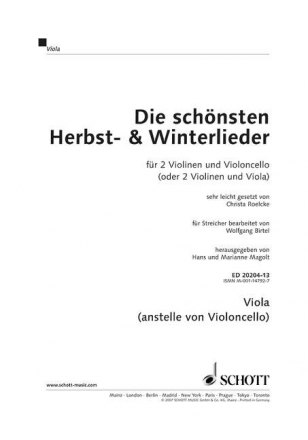 Die schnsten Herbst- und Winterlieder fr 2 Violinen und Violoncello (Viola) Einzelstimme - Viola