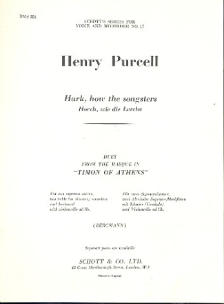 Hark how the Songsters for 2 sopranos, 2 recorders (S/A) and keyboard (Vc ad lib) score and parts