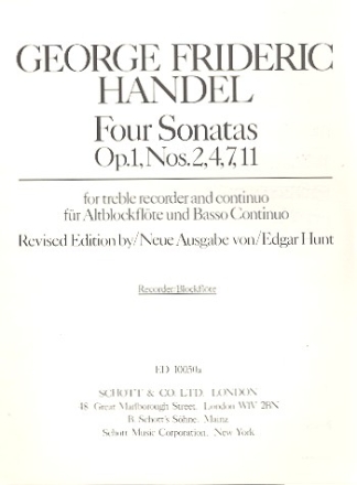 4 Sonatas from op.1 (nos.2,4,7,11) for alto recorder and Bc alto recorder