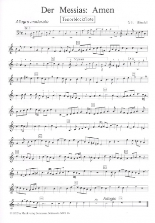 Amen  und  Hallelujah aus dem Messias fr 4 Bockflten (SATB) Tenorblockflte