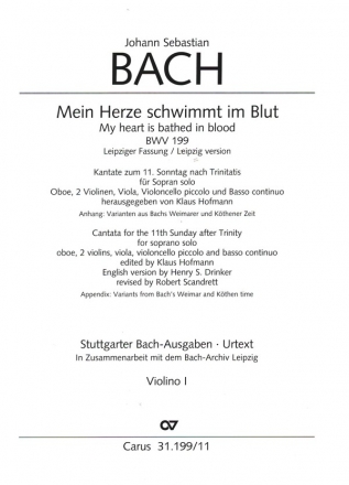 Mein Herze schwimmt im Blut (Leipziger Fassung) Kantate Nr.199 BWV199 Violine 1