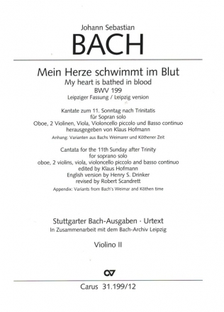 Mein Herze schwimmt im Blut (Leipziger Fassung) Kantate Nr.199 BWV199 Violine 2