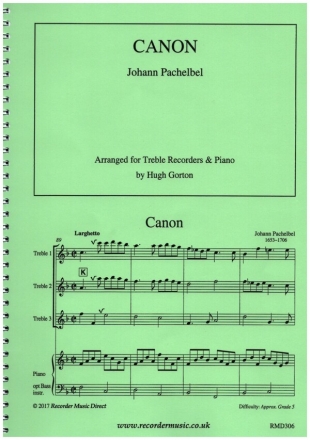 Canon for 3 treble recorders and piano piano score and flute score