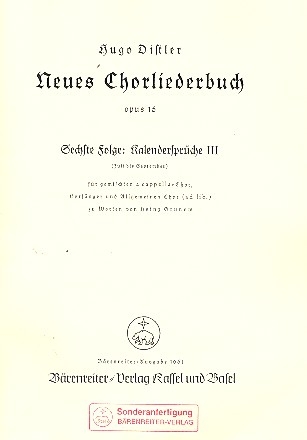 Neues Chorliederbuch op.16 Folge 6 Kalendersprche 3 (Juli bis September) fr gem Chor,  Partitur