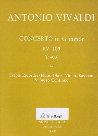 Concerto g minor RV105 (P403) for alto recorder (flute), oboe, violin , bassoon and bc score and parts