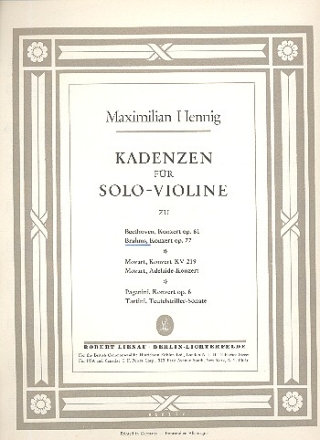 KADENZEN ZUM VIOLINKONZERT D-DUR OP.77 HENNIG, MAXIMILIAN, BEARB.