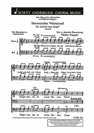 Slowenischer Weinstrau fr Mnnerchor (TTBB) und Solo (Bar) Chorpartitur