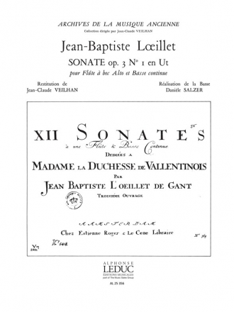 SONATE NO.1 OP.3,1 EN UT POUR FLUTE A BEC ALTO ET BASE CONTINUE VEILHAN, JEAN-CLAUDE, ED         BC