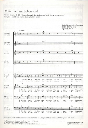 Mitten wir im Leben sind op.23.3 fr gem Chor (SSAATTBB) a cappella,  Singpartitur (DT/EN)