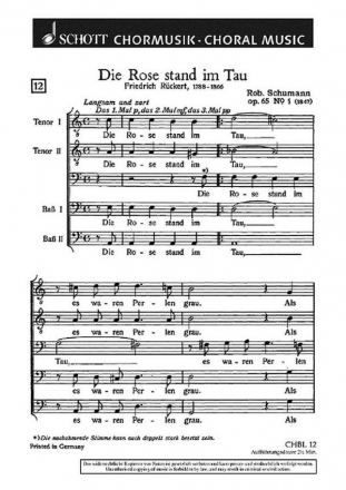 Die Rose stand im Tau op. 65/1 fr Mnnerchor (TTBB) Chorpartitur