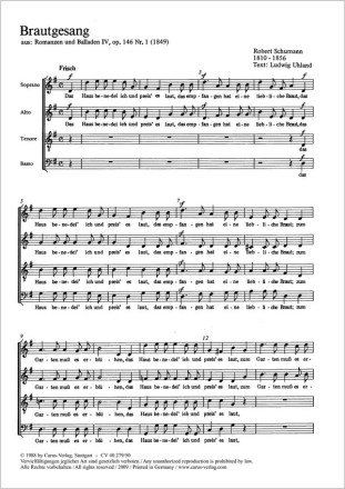 BRAUTGESANG SOPRANO, ALTO, TENO- RE, BASSO, OP. 146 NR. 1, 1849 PARTITUR (DT)