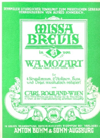 Missa brevis B-Dur KV275 fr Soli, gem Chor, Streicher und Orgel Orgelauszug