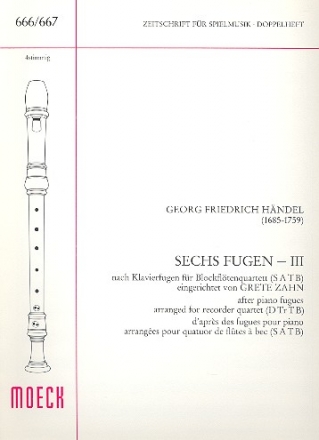 6 Fugen nach Klavierfugen Band 3 fr 4 Blockflten (SATB) Spielpartitur