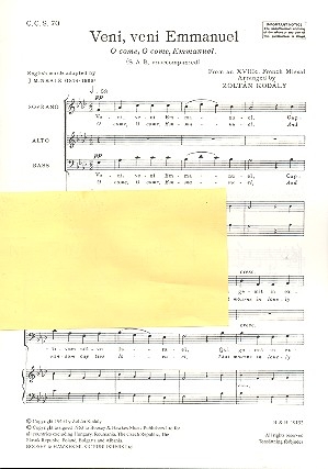 Veni veni Emmanuel for mixed chorus (SAB) a cappella score with piano for rehearsal (la/en)