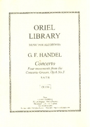 4 Movements from the Concerto grosso op.6,3 for recorder quartet, score+parts