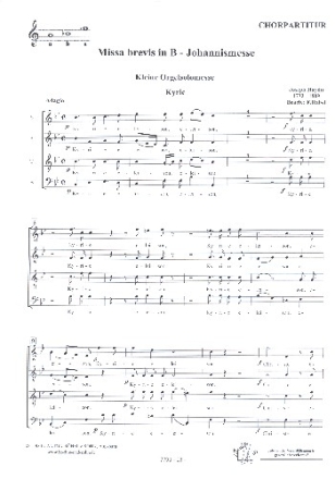 Missa brevis B-Dur 'in honorem sancti Joannes de deo' fr gem Chor, Streicher und Orgel Chorpartitur