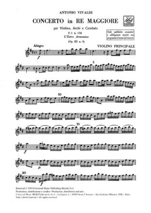 CONCERTO RE MAGGIORE OP.3,9 PER VIOLINO, ARCHI E BC,  STIMMENSATZ (3-3-2-2-1, SOLO, CEMB)