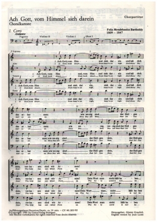 ACH GOTT VOM HIMMEL SIEH DAREIN CHORALKANTATE FUER BAR SOLO, SATB UND ORCHESTER     CHORPARTITUR (DT)