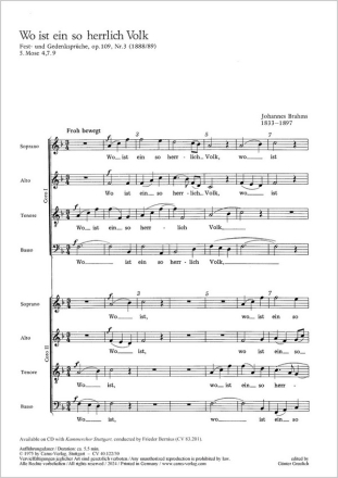 WO IST EIN SO HERRLICH VOLK OP.109,3 FUER DOPPELCHOR A CAPPELLA,  PARTITUR