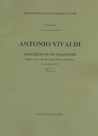 Concerto re maggiore F.VI:14 op.10,3 per flauto, archi e organo o cembalo partitura