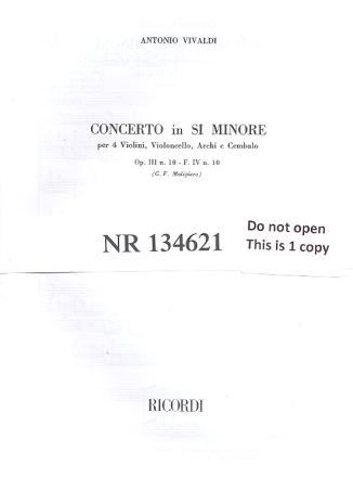 Konzert h-Moll op.3,10 fr 4 Violinen, Cello, Streicher und Bc Stimmensatz (5 solo und 2-2-1-1-1, Cemb)