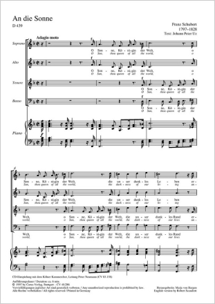 AN DIE SONNE:  SATB CHOR, D 439    PARTITUR (DT)