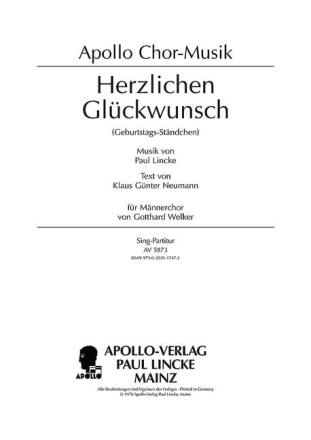 Herzlichen Glckwunsch fr Mnnerchor a cappella Singpartitur