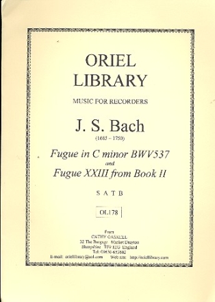 Fugue c minor BWV537 and Fugue 23 from book 2 for 4 recorders (SATB),  score and parts