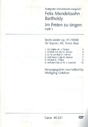 Im Freien zu singen Band 1 op.46 6 Lieder fr gem Chor Singpartitur (dt)