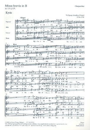 Missa brevis B-Dur KV275 fr Soli (SATB), Chor, 2 Violinen und Bc Chorpartitur