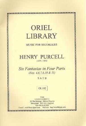 6 fantasias nos.4,6,7,8,10 and 11 for recorder quartet, score and parts