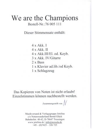 We are the Champions: fr Akkordeonorchester Stimmensatz