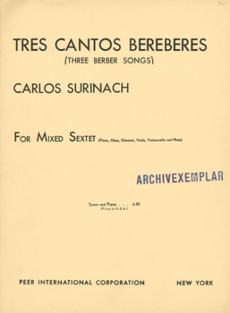 3 cantos bereberes for flute, oboe, clarinet, viola, violoncello and harp score and parts