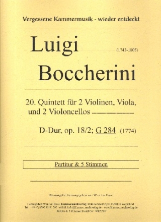 Quintett D-Dur Nr.20 op.18,2 G284 fr 2 Violinen, Viola und 2 Violoncelli Partitur und Stimmen