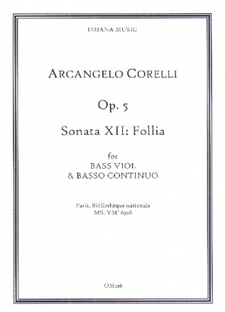 Sonata op.5,12 (Follia) for bass viol and Bc score and parts (Bc not realised)