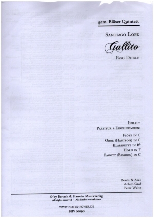 Gallito fr Flte, Oboe, Klarinette, Horn und Fagott Partitur und Stimmen