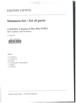 Konzert F-Dur Nr.6 Hob.XVIII:1 fr Cembalo (Klavier), Streicher, 2 Flten Orchester-Set (Harmonie+3-3 Stimmensatz