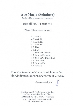 Ave Maria op.52,6 fr Akkordeonorchester Stimmensatz