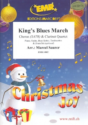 King's Blues March for mixed chorus and 4 clarinets (rhythm group ad lib) score and parts (incl. 20 chorus scores)