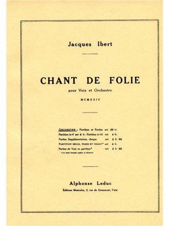 IBERT CHANT DE FOLIE PARTITION D'ORCHESTRE IN 16 (POCHE)