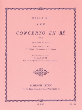 MOZART CONCERTO EN RE FLUTE ET PIANO (CADENCES TAFFANEL/GAUBERT/DONJON)